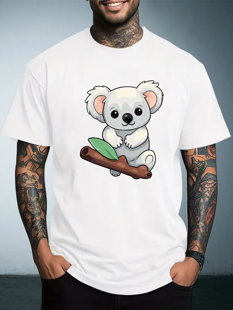 Men Summer Casual Short Sleeve T Shirt Cute Cartoon Koala On Branch Graphic Oversized Loose Tees Street Daily Fashion Tops
