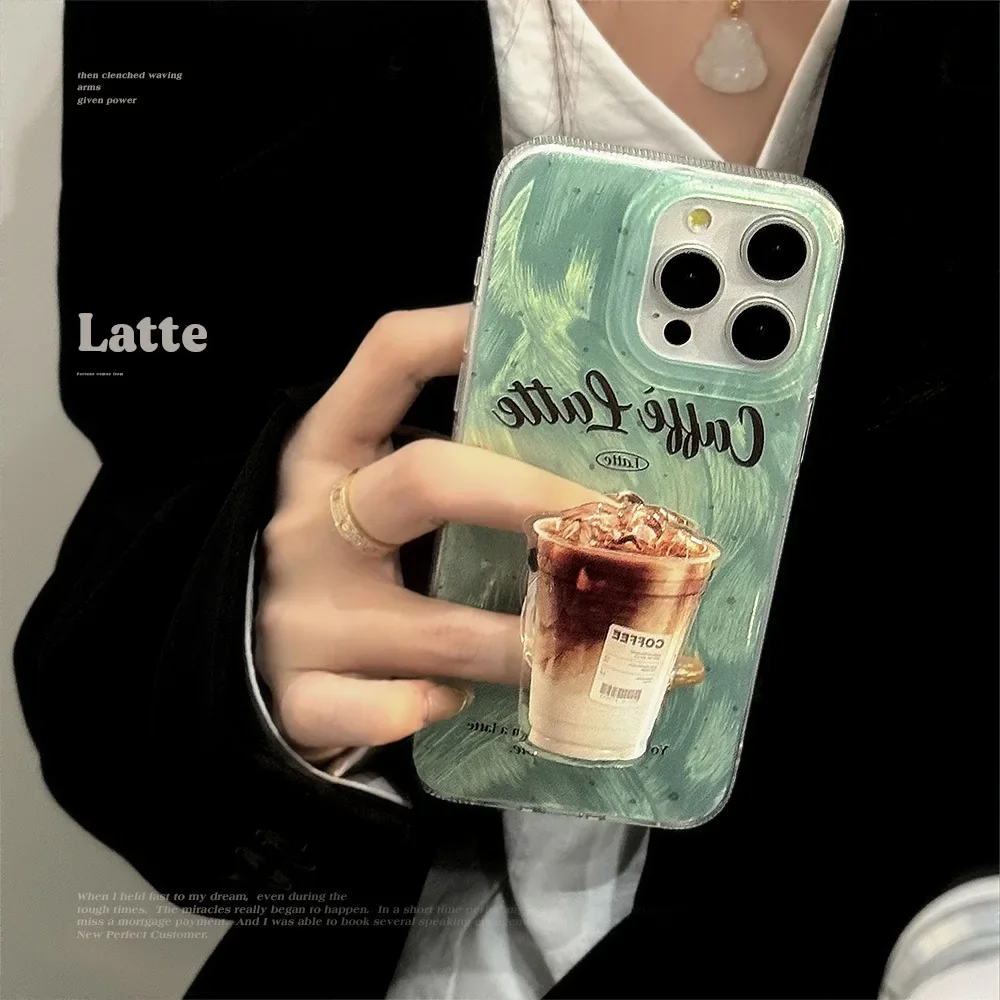 Mint green Splash Ink coffee stand For iPhone 16 15 14promax phone case American For iPhone 13 12pro 11 down