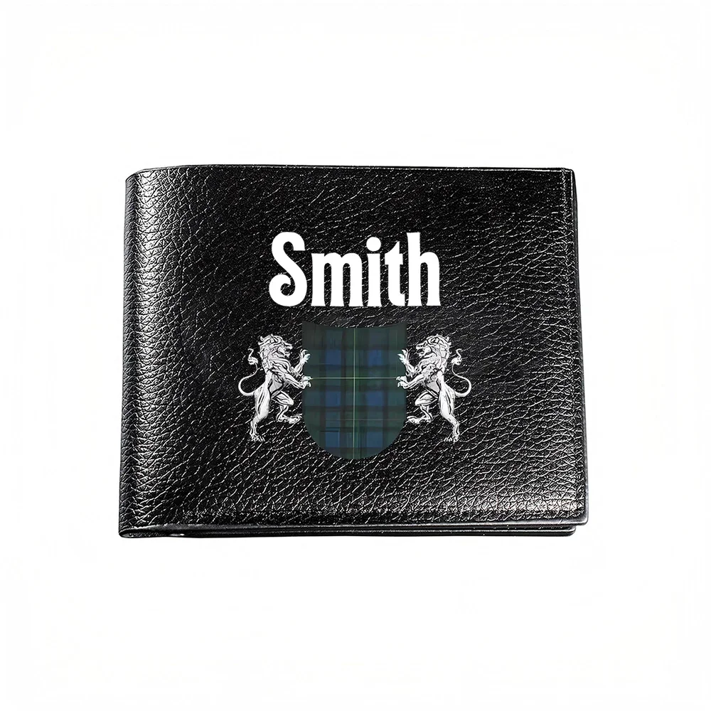 Smith Family Crest With Lions And Tartan Shield Design Men's Wallet Card Holder Casual Business Fashion Style