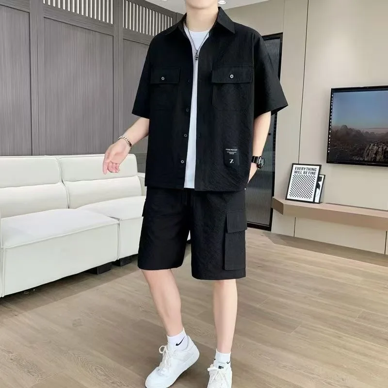 New Summer Thin Casual Shirt Set Loose Fit Men's Workwear Short Sleeve Shorts Two-Piece Suit Polyester Fiber No Ironing Needed