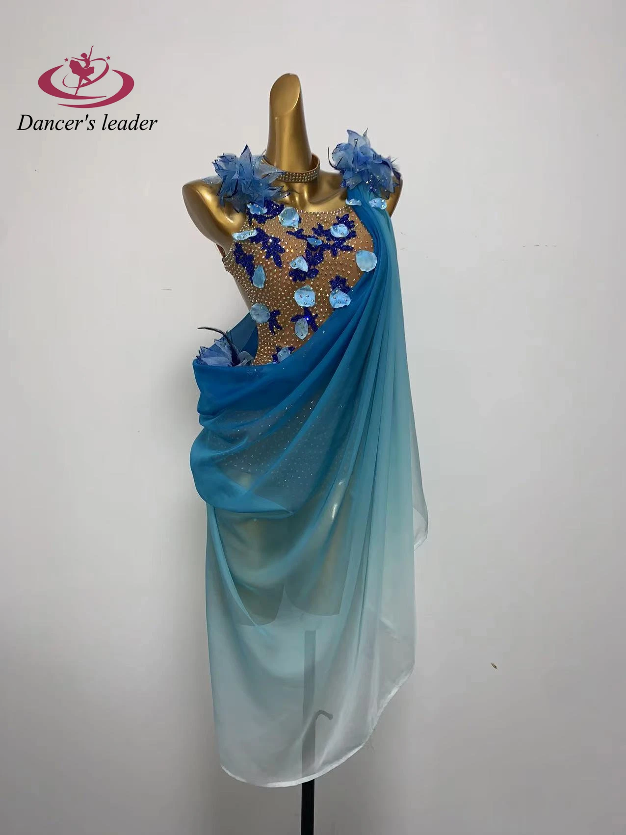 Latin Dance Competition Women's High-end Custom Blue Flower Shoulder Strap Large Cape Skirt Samba Performance Rhinestone Dress