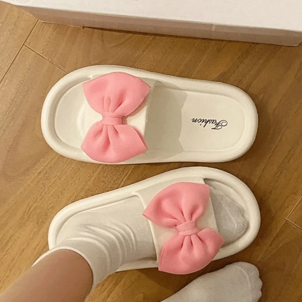 

All Match Cartoon Bow Slippers Platform Anti Slip Slides Sandals 3D Bowknot Thick Outer Wear Shoes Homewear