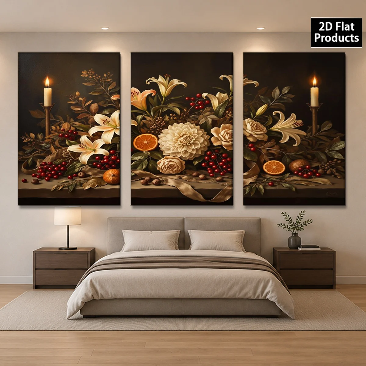 Frameless 3PCS 2D Decorative painting - Canvas painting - Three panels with flowers fruits candles on dark background - cheap