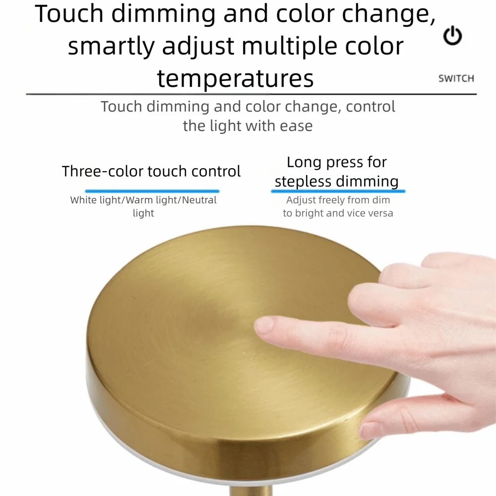 

Three Colors LED Table Lamp Metal Body USB Rechargeable Rechargeable Night Light Stepless Dimming Cordless Design Desk Lamp
