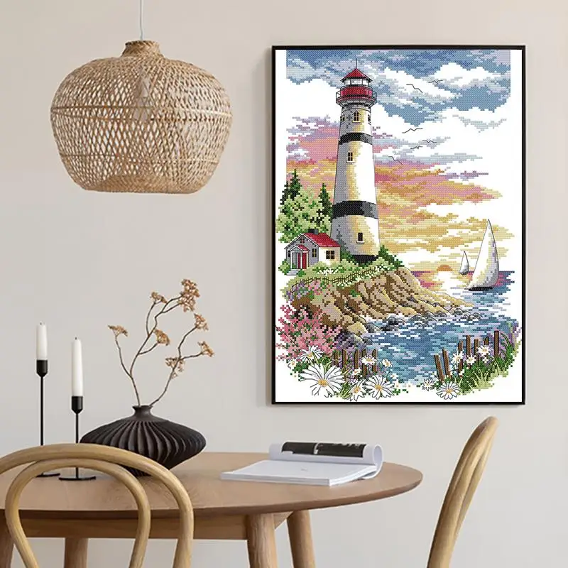 Lighthouse Scenery Pattern Cross Stitch Kit Aida 14CT 16CT 11CT  White Printed Fabric Embroidery Kit DIY Hand Sewing Home Decor