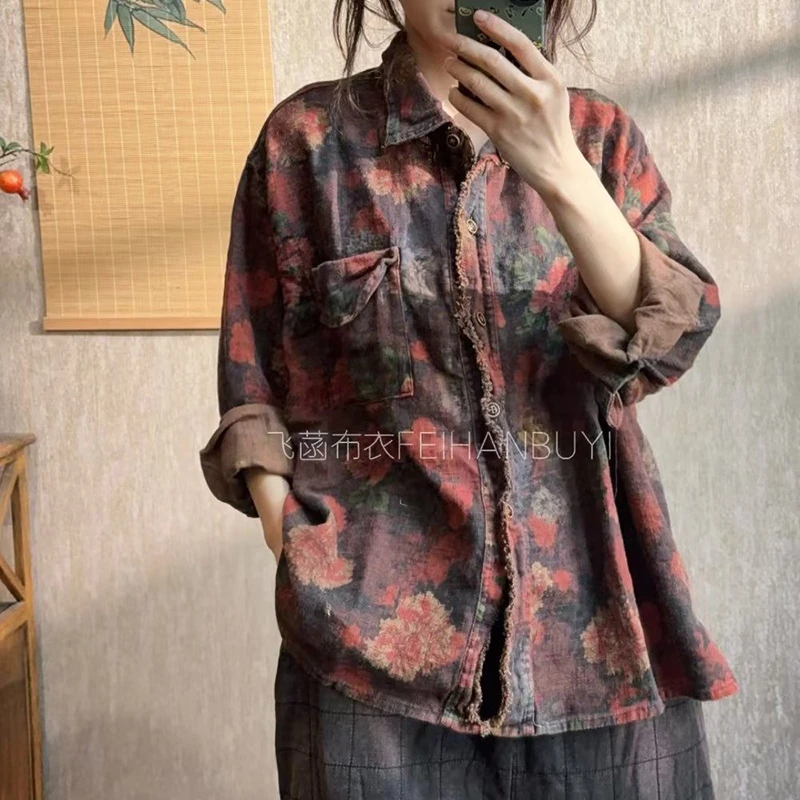 

Новое поступление 2024, осенняя женская свободная блузка с отложным воротником, винтажная блузка с цветочным принтом, однобортные повседневные рубашки с длинным рукавом F134