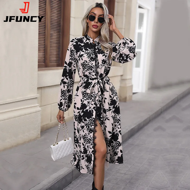 

JFUNCY Women's Dresses Long Sleeve Printed Women Elegant Dress New Midi Dresses Vestido Mujer Spring Autumn Female Dress