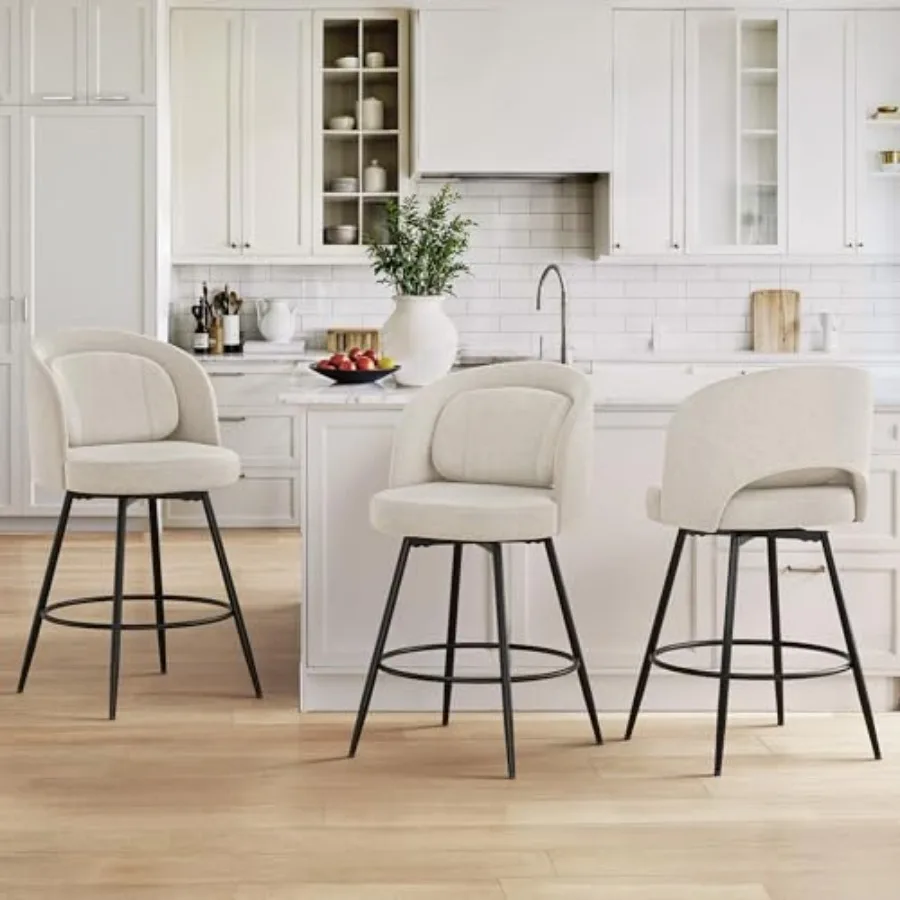 

26''H Swivel Bar Stools Set of 3, Counter Height Bar Stools with Backs, Lumbar Pillow and Black Metal Frames, Upholstered Moder