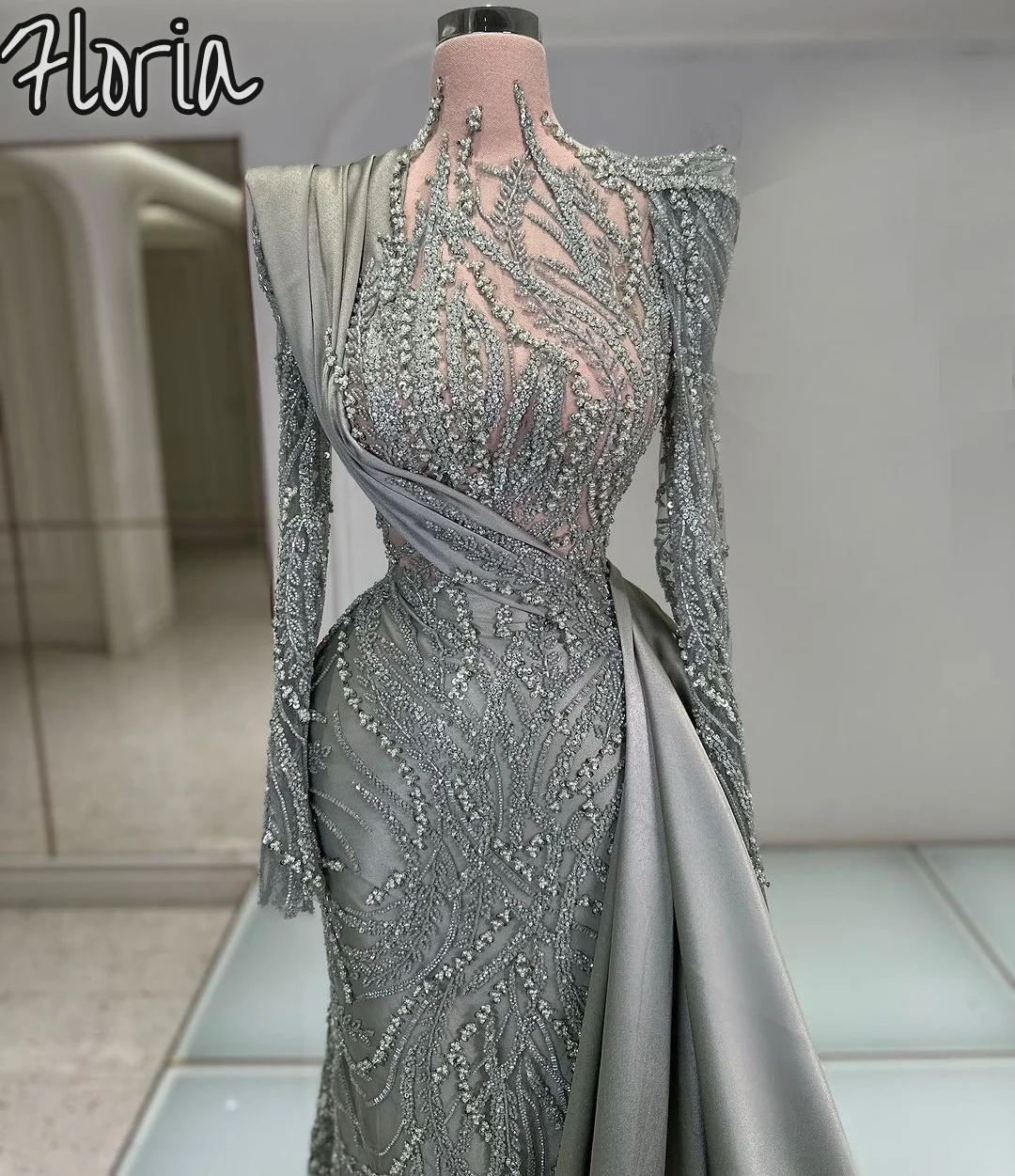 

Customized New Satin Mermaid Haute Couture With Sweep Side Train Muslim High Neck Beaded Formal Evening Party Dress For Women