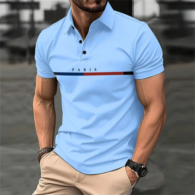 Camisa polo com letras estampadas masculina, botão casual, roupa de negócios respirável, blusa manga curta, moda divertida, verão