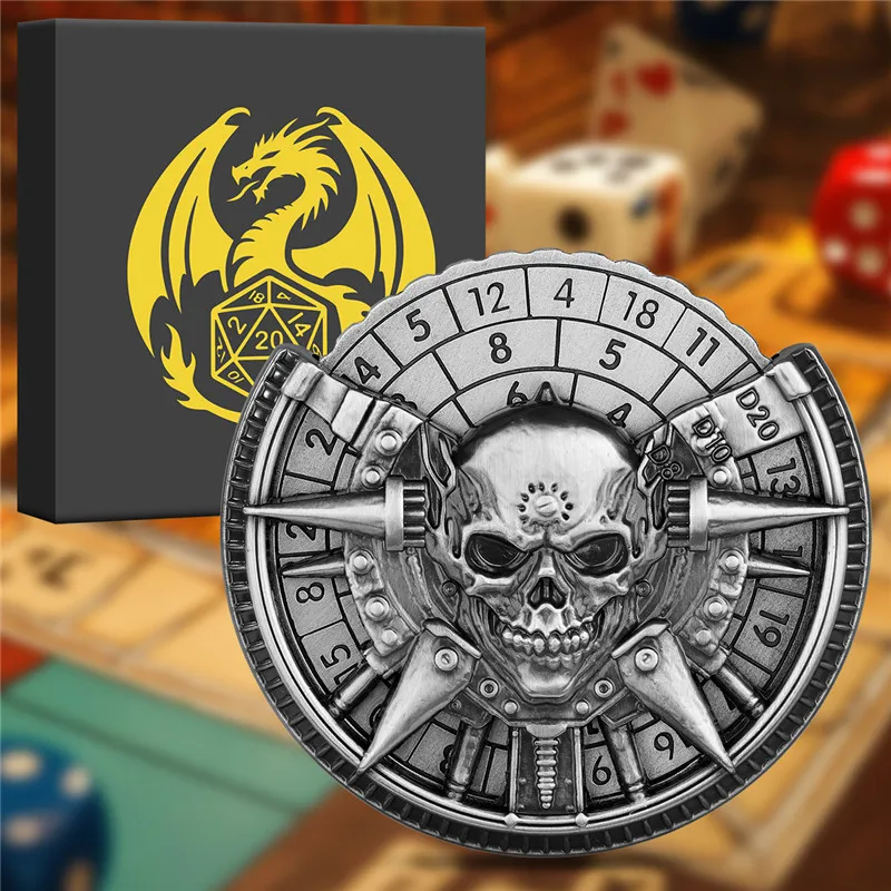 7-in-1 الجمجمة رئيس النرد عجلة D4/D6/D8/D10/D12/D20 بدوره النرد سبينر منضدية مجلس لعبة RPG ملحق مع صندوق هدية التنين