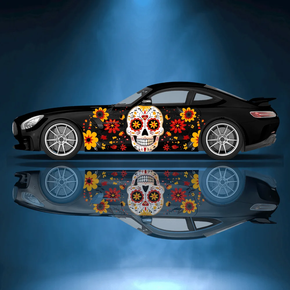 Skulls filled with flowers are covered with full-body floral decals to protect against scratches on car decals that are waterpro