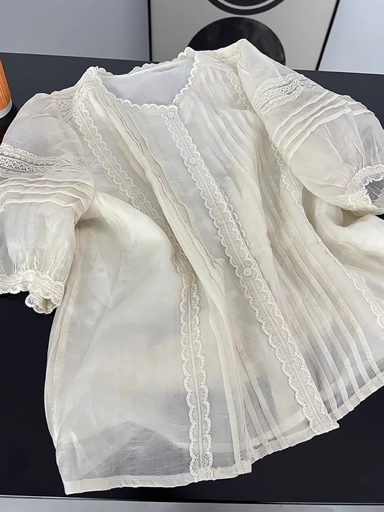 

Ele Thin Lace Chiffon irt Women Summer New Sle Agel High-End Bubble Sve Top ort Sve Small irt V-ne o...