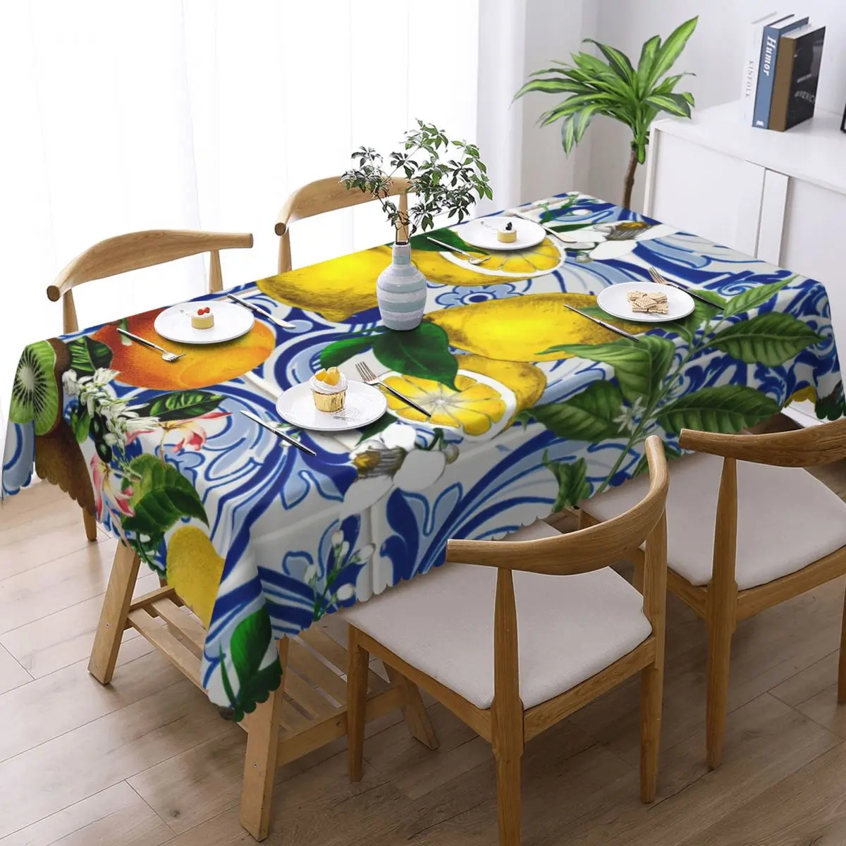 Mediterranean Lemon On Blue Ceramic Tiles Rectangular Waterproof Oilproof Tablecloth Table Cover for Dining Events Table Cloth