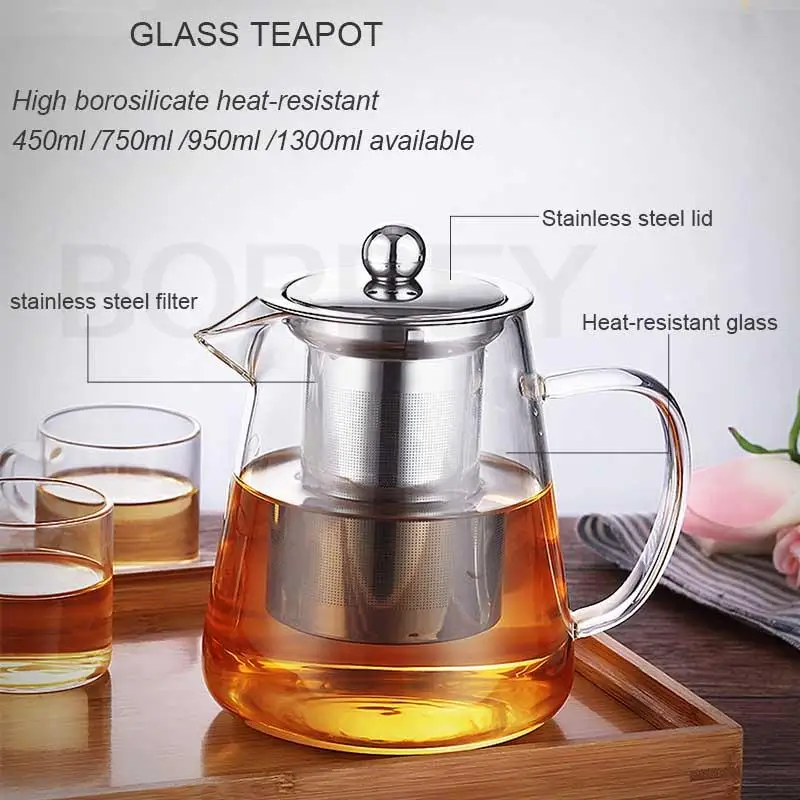 BORREY Dropshipping Heat Resistant Glass Teapot Various Styles Of Hot-selling Tea Sets Clear Kettle Flower Puer Tea Infuser Pot