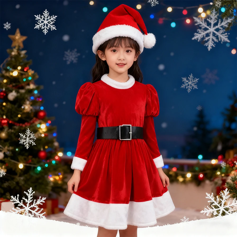 Santa Claus Cosplay Costume For Christmas Girls Party Dresses Velvet Princess Dress With Hat 2Pcs Sets For Children Xmas Clothes