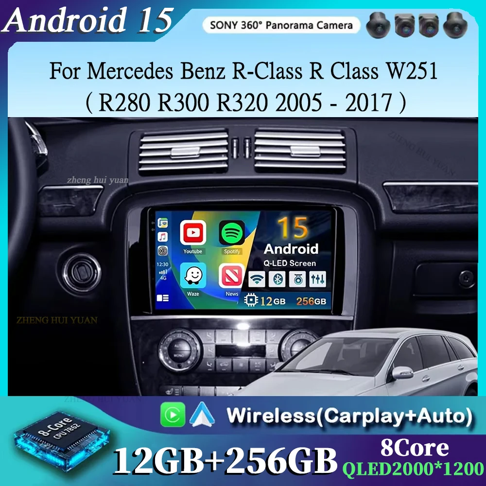 

GPS 4G Android 15 CarPlay для Mercedes Benz R-Class R Class W251 R280 R300 R320 2005-2017 2K 12 + 256 Автомобильный радиоприемник Мультимедийное видео
