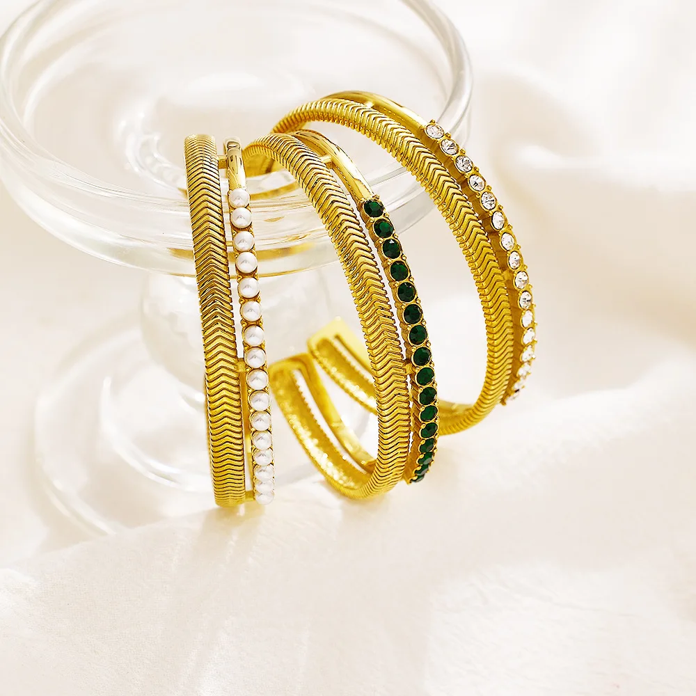 ZALMAN Trendy Chic White Pearl Zircon Bangles Gold Color 361L Stainless Steel Cuff Bracelets For Women Geometric Metal Jewelry