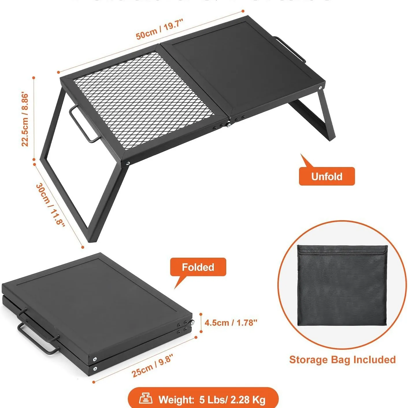 folding campfire grill with foldable stand and storage bag, portable camping grill