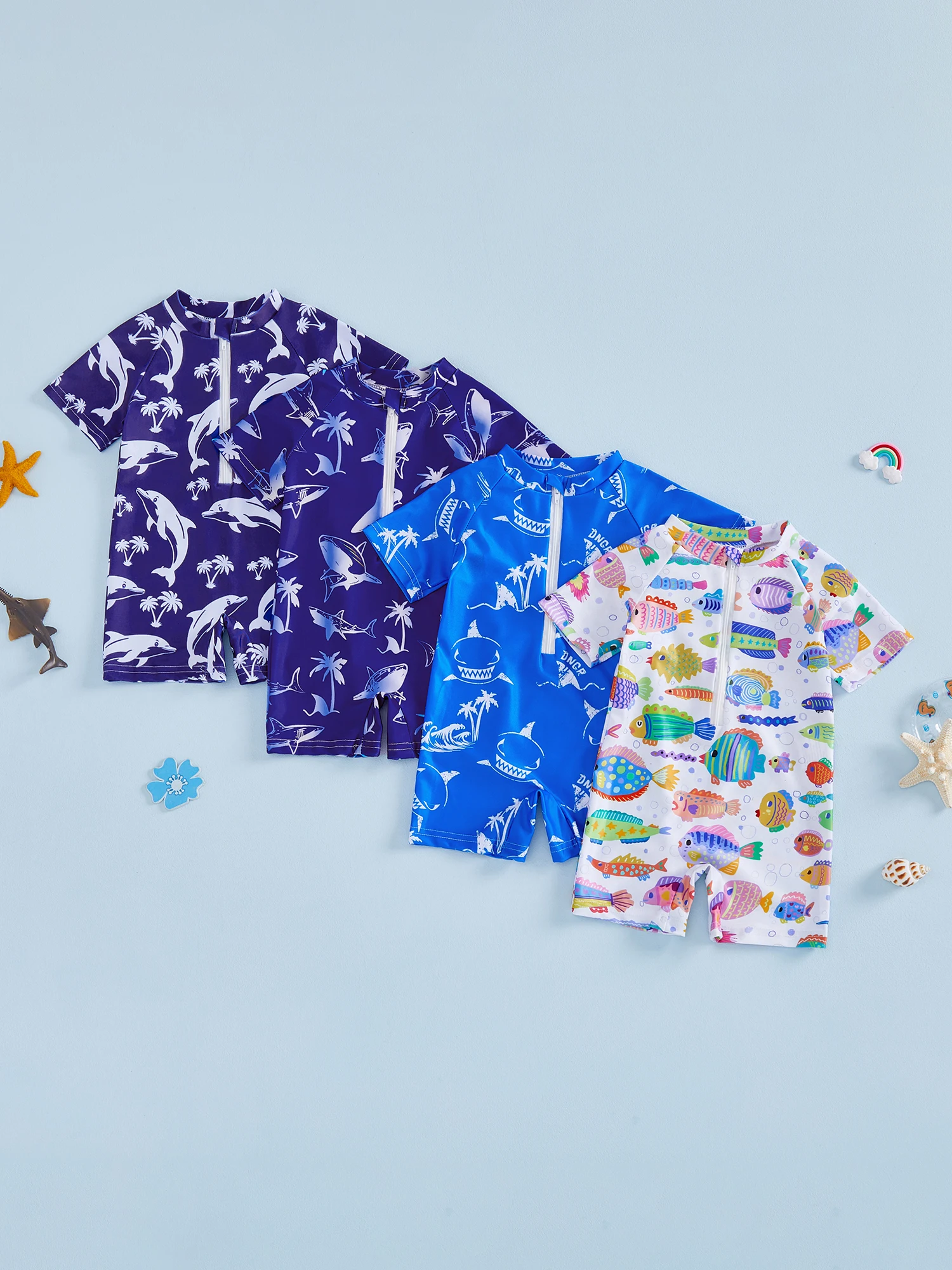 

Adorable Infant Boys Rash Guard Swimwear Set with Fun Shark Print Short Sleeves and Stylish Design for Beach Fun