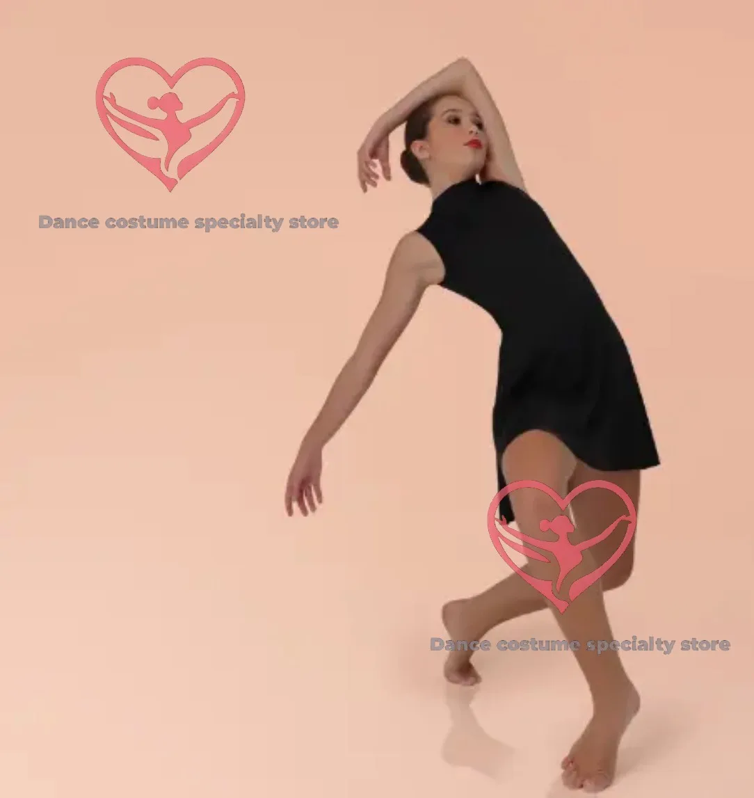 High-quality stage-grade black minimalist A-line spandex dress with leotard dancewear