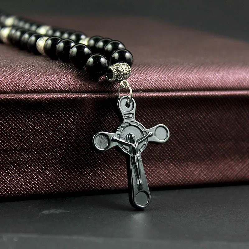 8mm Vintage Herren Schwarz Gallenstein Runde Perle Kreuz Anhänger Halskette Religiöse Lange Pullover Kette Kleidung Zubehör – Detail 2