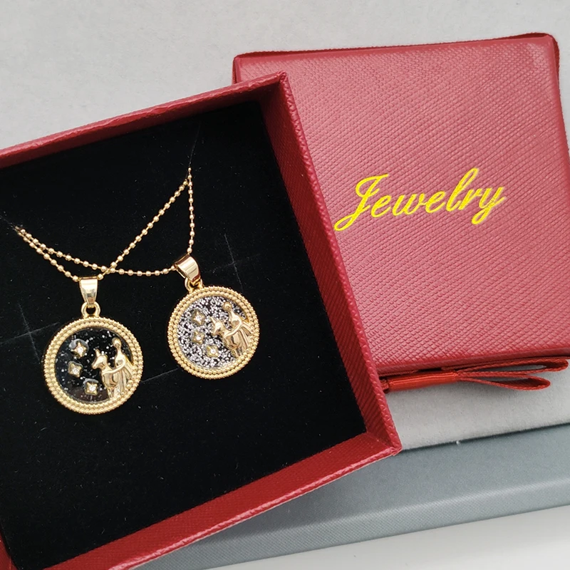 2 PC/SET Golden 12 Zodiac Signs Pendant Necklace Round White and Black Crystal Fragments Libra Virgo Necklace Zodiac Sign Unisex