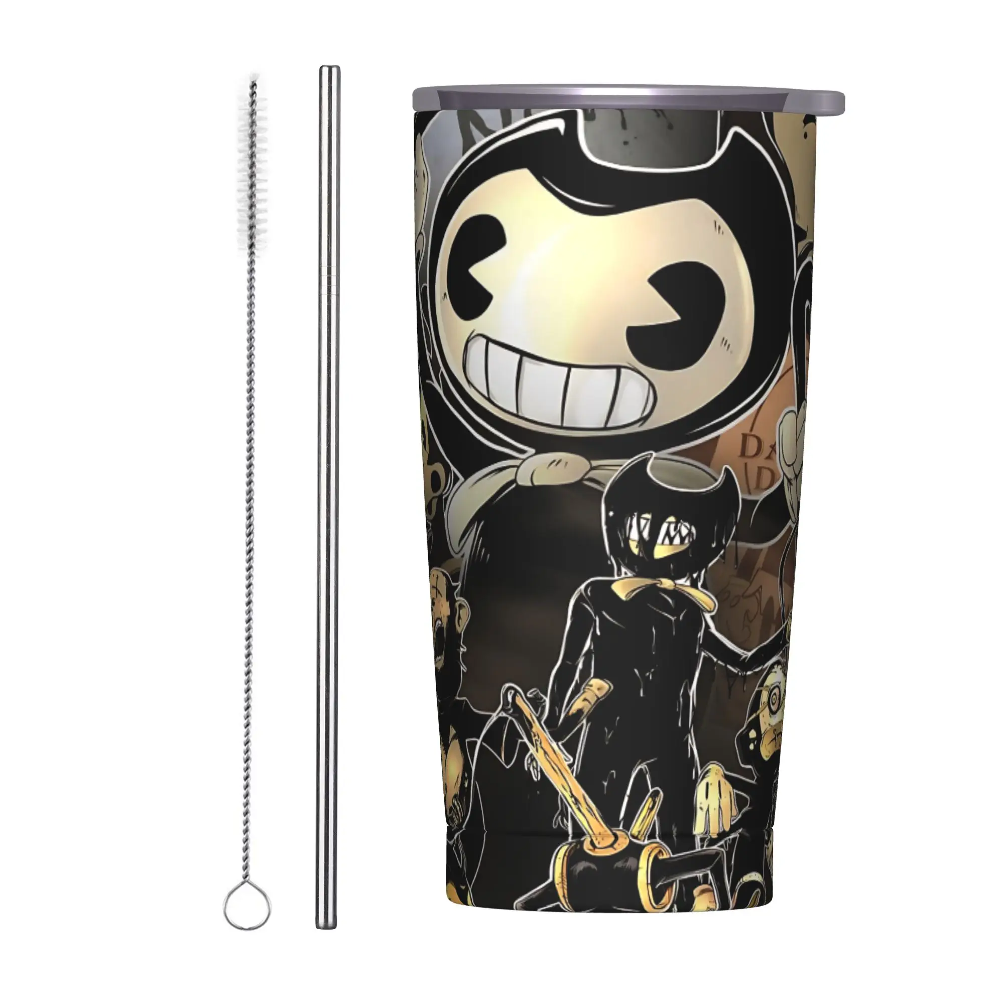 Bendy and Dark Revival Insulated Tumbler with Straws Lid Horror Game Stainless Steel Thermal Mug Double Wall Bottle Cup, 20oz