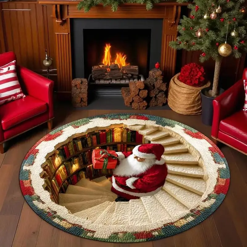 VIKAMA 3D Santa Claus Round Rug Christmas Spiral Staircase Library Pattern Non Slip Circular Carpet Living Room Bedroom Floor