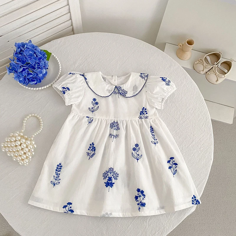 Sommer Neuer Stil 2-6 Jahre Mädchenkleid Kurzarm Babykleidung Kinderkleid Koreanisches Besticktes Mädchen Retro Schwesterkleid – Detail 1