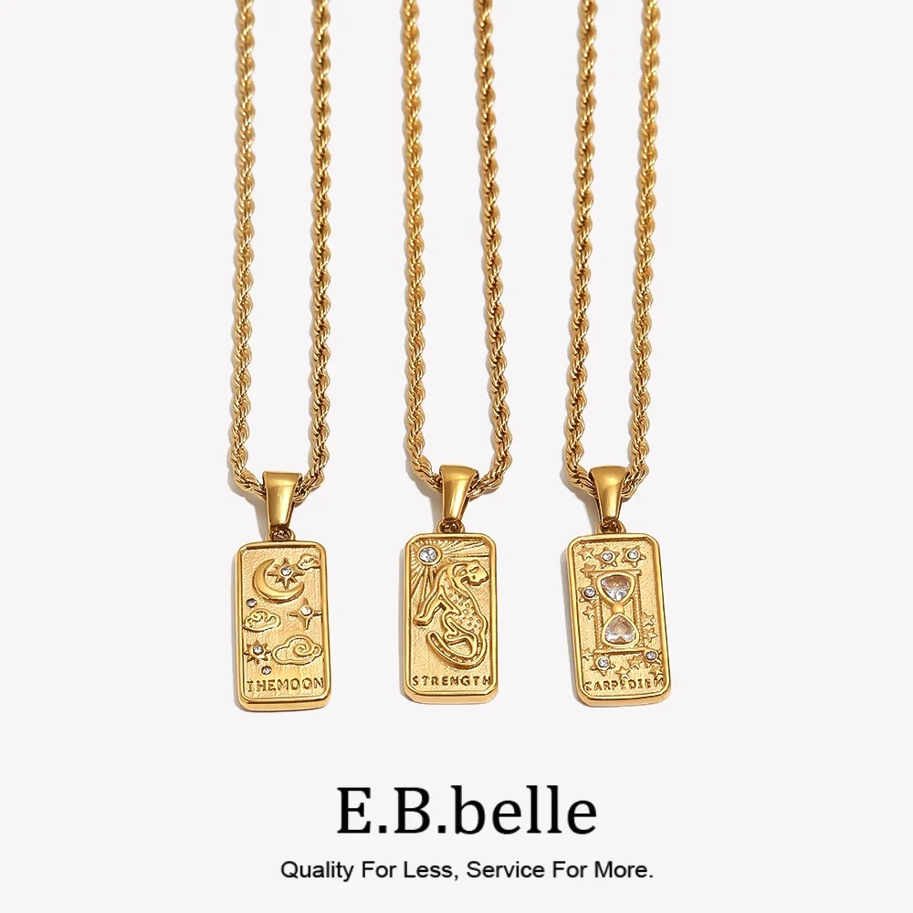 E.B.belle New Meaningful Jewelry Gift Magic Tarot Necklaces Stainless Steel PVD Plating Waterproof Rope Chain Square Necklace