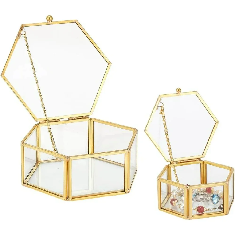 

2 Sizes Glass Jewelry Box Hexagonal Jewelry Display Vintage Box Case Geometric Decorative Box Jewelry Organizer Keepsake