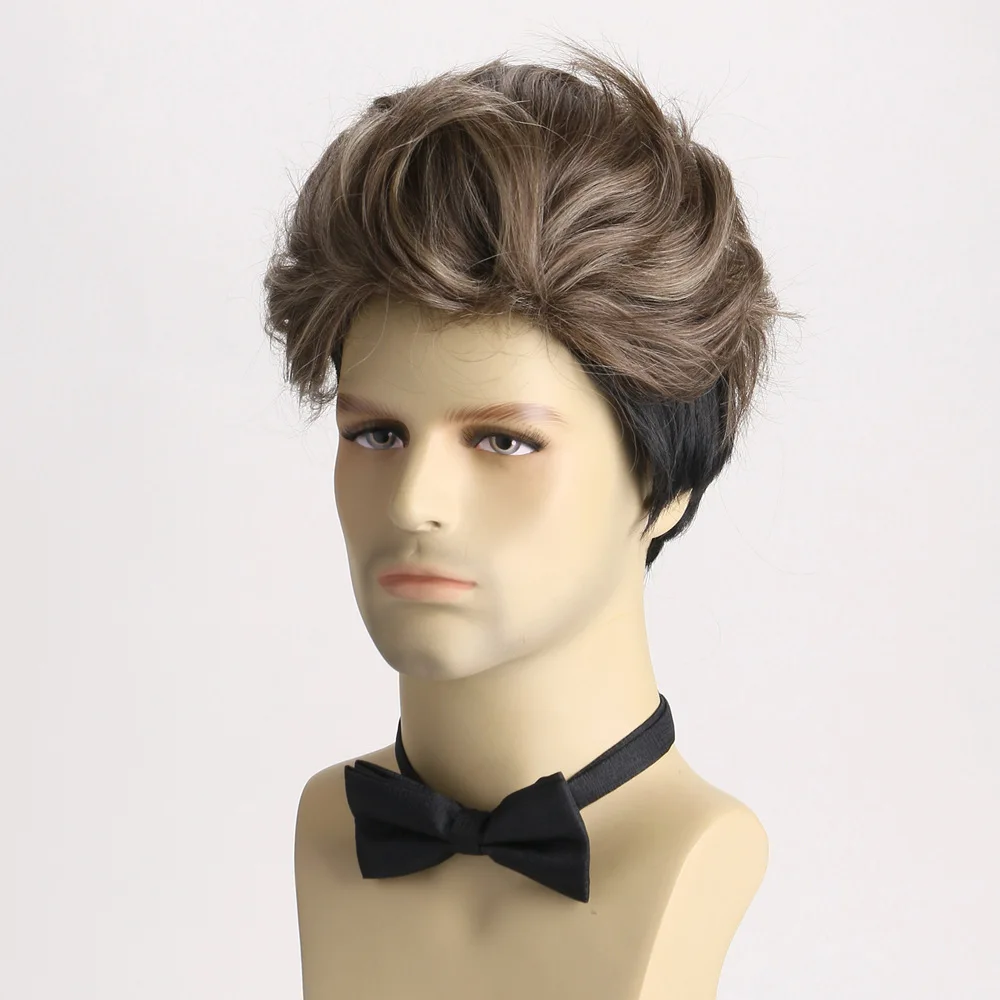 باروكات صناعية قصيرة بنية مختلطة للرجال، شعر مستعار منفوش بطبقات، شعر مستعار كوسبلاي يومي، شعر مستعار بقص عابث، مقاوم للحرارة