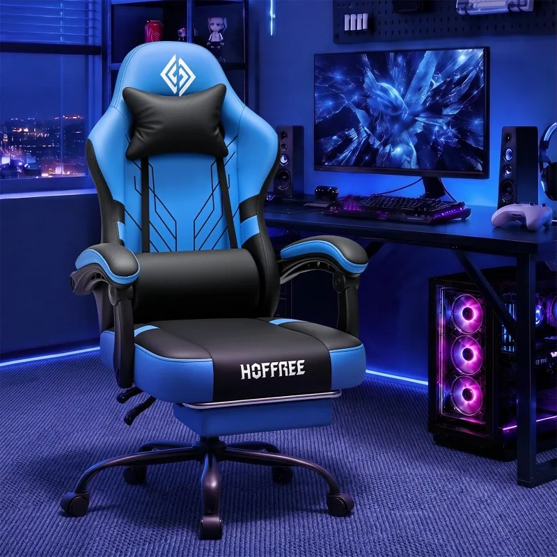 Gaming Chair with 7-Point Massage Heated Lumbar Computer Chair-Blue