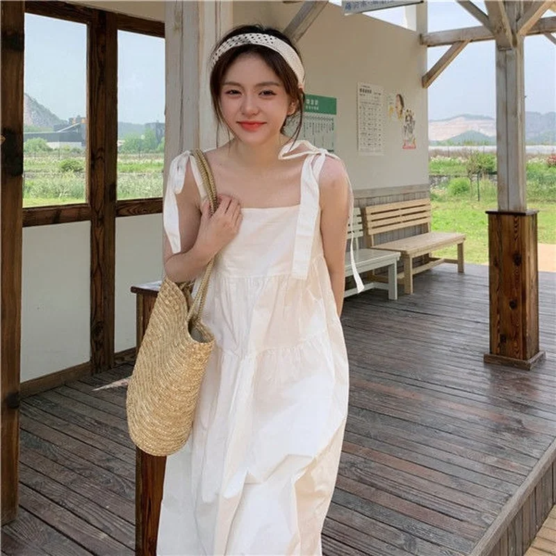 Sleeveless Dress Women Pure Color Maxi Bandage Preppy Sweet Simple Loose-waist College Leisure Korean Style Fashion Summer Ins