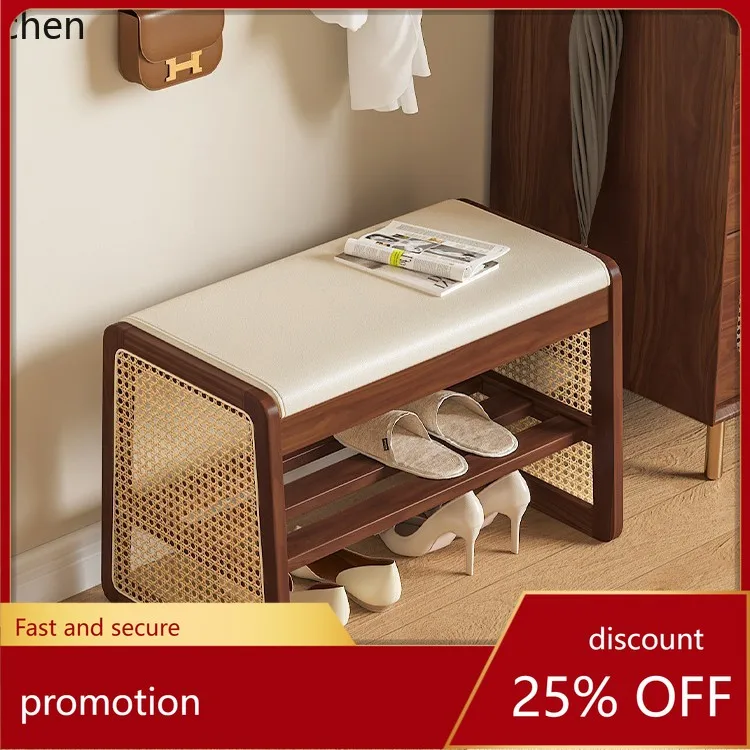 

ZML Solid Wood Rattan Shoe Changing Stool for Home Entrance, Can Be Used as a Seat or Shoe Cabinet