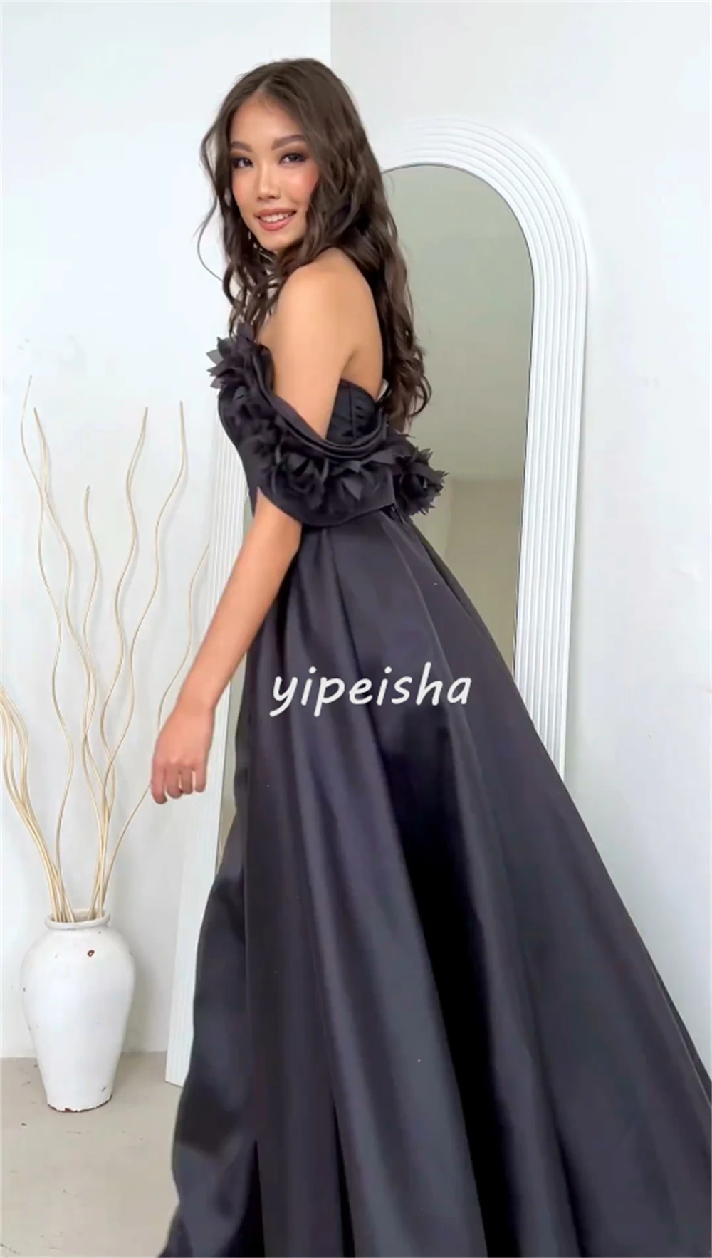 Customized Jersey Flower Ruched Wedding Party A-line Off-the-shoulder Bespoke Occasion Gown Midi Dresses