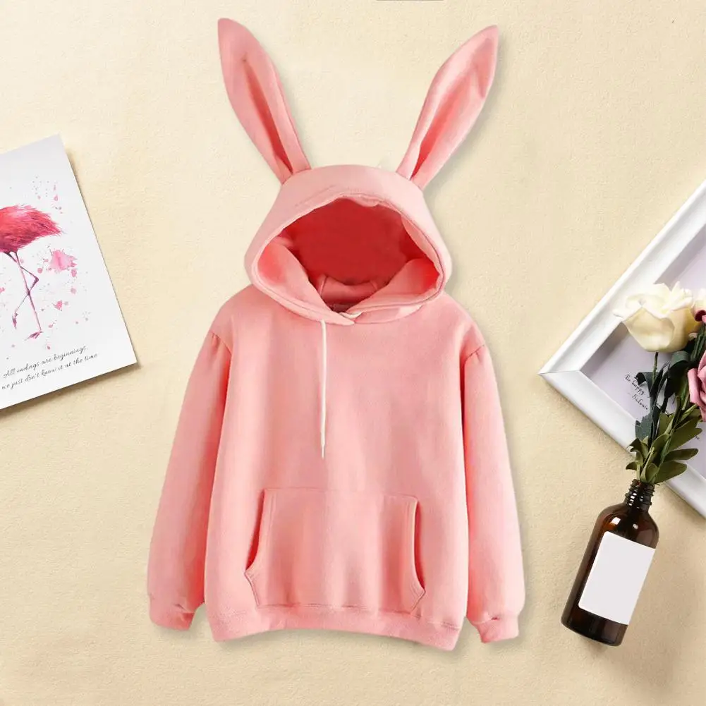 Women Solid Color Hoodie Cozy Bunny Ear Hoodie for Women Soft Warm Hooded Top with Drawstring Elastic Cuff Fall Winter Solid