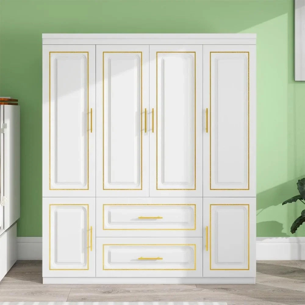 White Wood Bedroom Armoire with Hanging Rod & Quadruple Doors - Closet Organizers & Storage Solutions 63