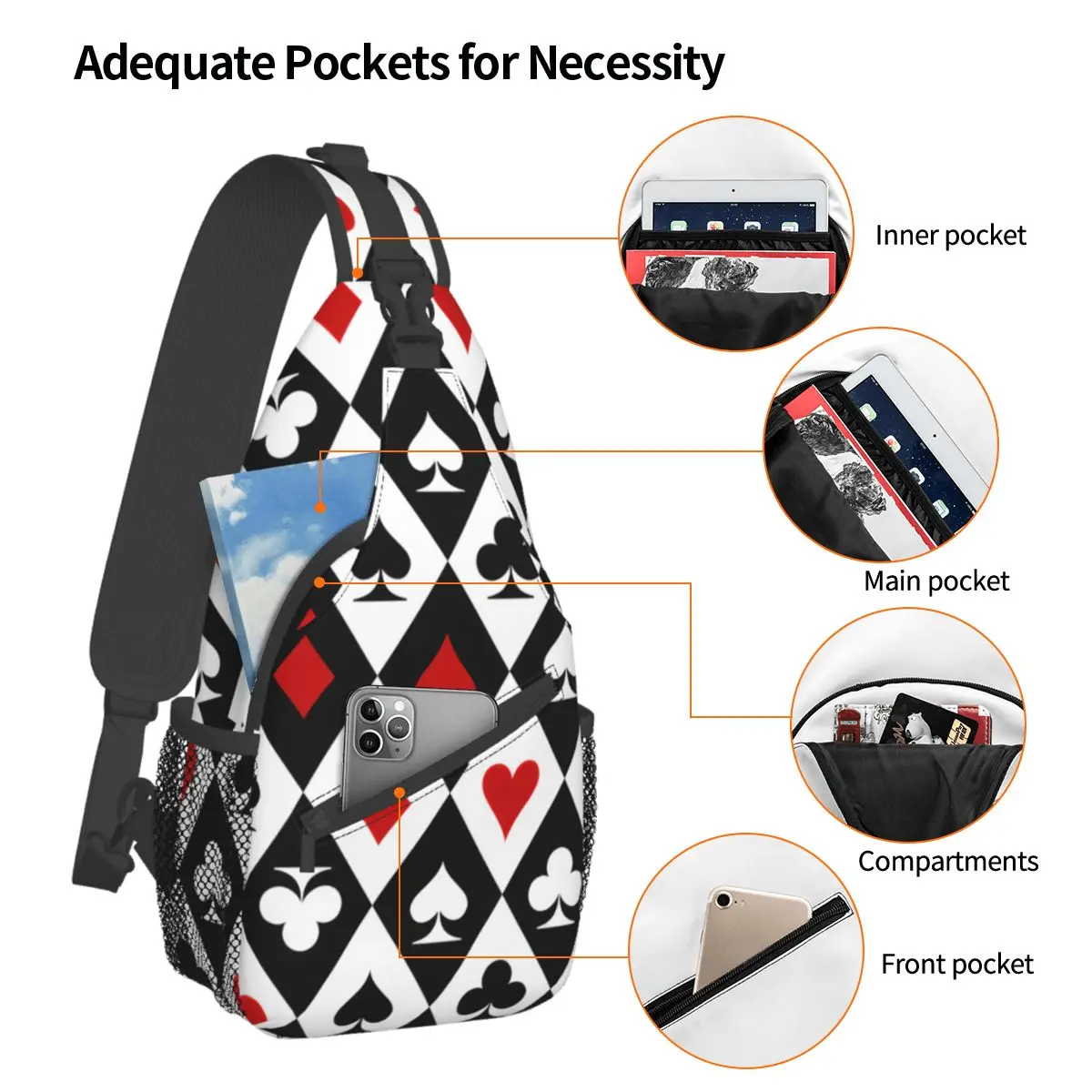 Playing Cards Suit Symbols Crossbody Chest Bags Poker Pattern Pockets Travel Pack Messenger Sports Teens Shoulder Bag Unisex