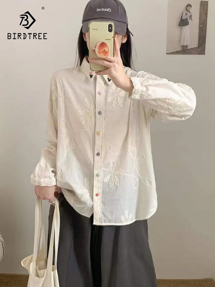 

New 2026 Spring Cotton Long Sleeve Shirt, Women Turn-down Collar Embroidery, Mori Girl French Sweet Chic Loose Blouse T5D850CC