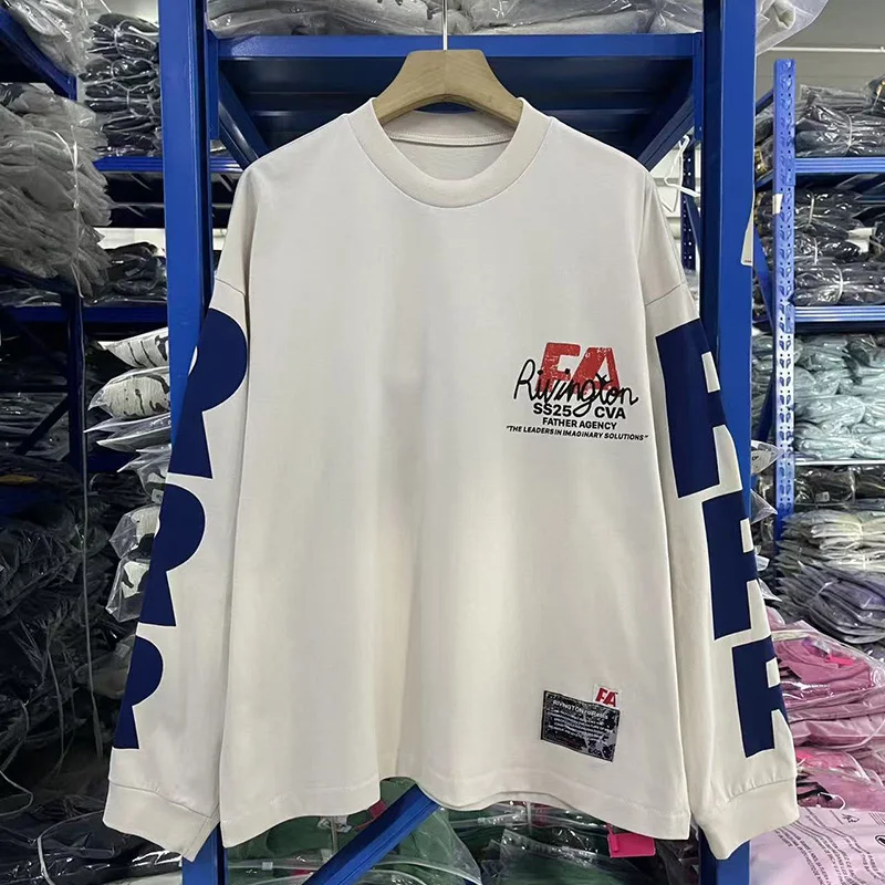 جميع المواسم خمر الاسمنت الأبيض قاعدة RRR 123 تي شيرت الرجال النساء خطابات شعار الكتابة على الجدران RRR123 بأكمام طويلة تي شيرت المتضخم المحملة