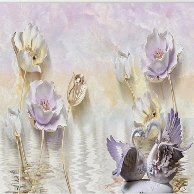 

New Chinese-style modern relief oil painting of swans and lotus flowers luxurious home decoration bedroom background wall paper