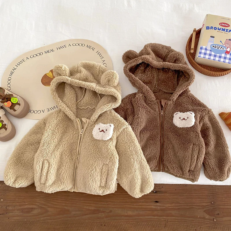 

Plush Baby Girls Boys Jacket,2025 New Spring Autumn Keep Warm Zipper Hooded Outerwear Cute Infant Coat 0-5 Years Kids Clothes