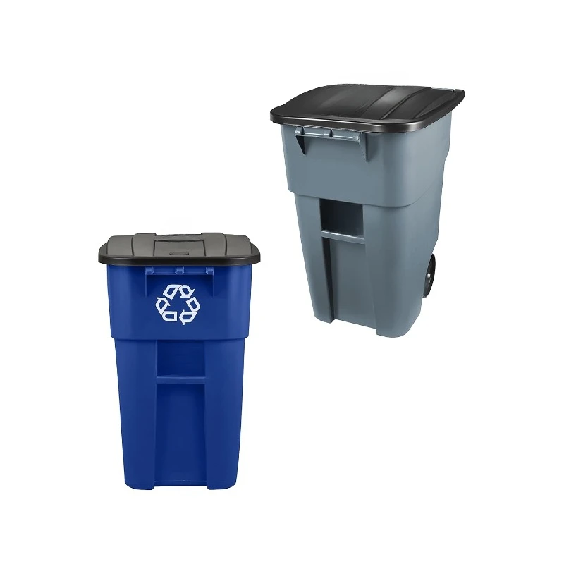 2-Pack Rollout Trash/Garbage Can Wih Wheels, 50 GAL, Gray and Blue Recycling, for Offices/Back of House/Home