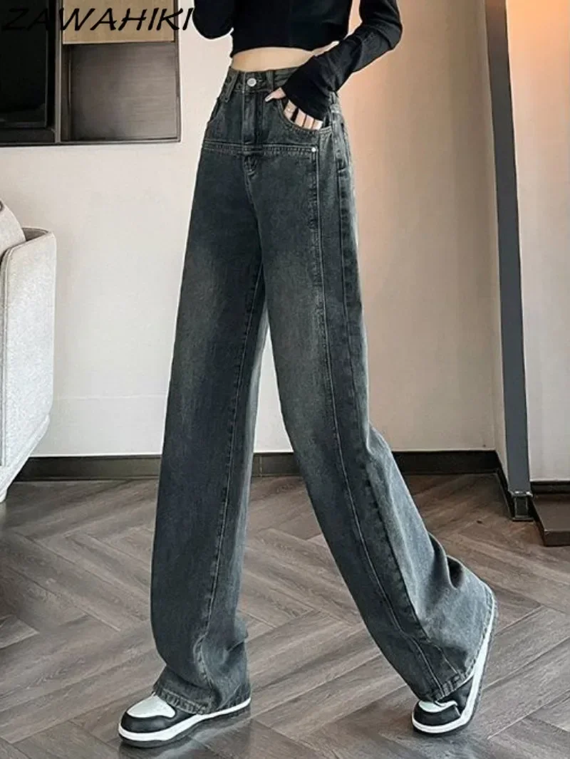 Spring Autumn Black Straight Solid Color Casual Loose Baggy Jeans Women High Waist Wide Leg Y2K Aesthetic Denim Pants Streetwear