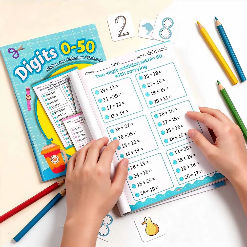 Math Workbook for Kids - Addition and Subtraction Practice within 50, Two-Digit Math Drills, Early Learning Activity Book