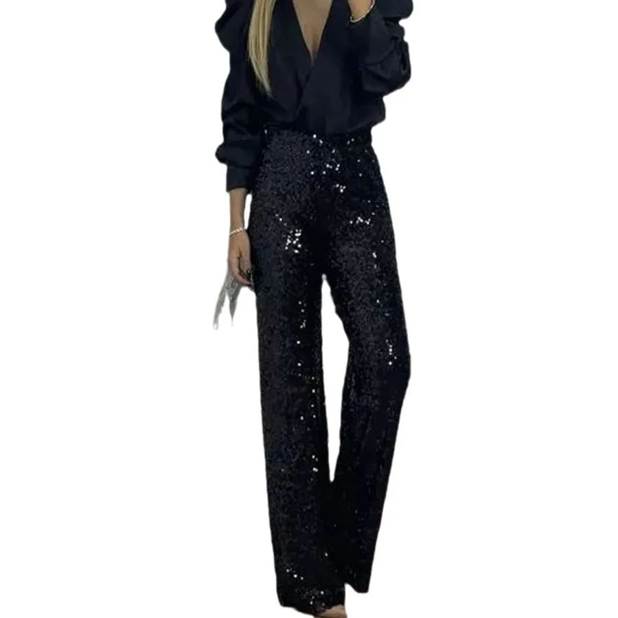Trendy Solid Color Sequin Pants Women Spring Summer New Fashion Slim Stretch Flared Trousers Female Temperament Commuting Outfit