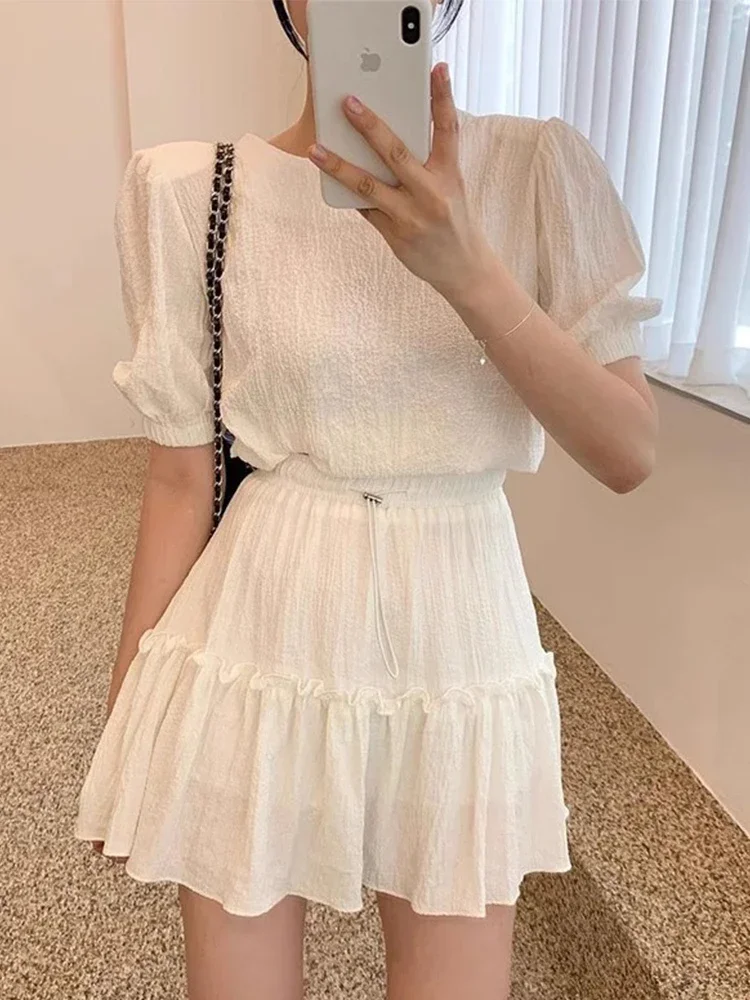 New Bubble Sleeve Top+Wooden Ear Edge Drawstring Half Skirt Fashion Set Round Neck Waist Waist Women's Fashion Two Piece Set