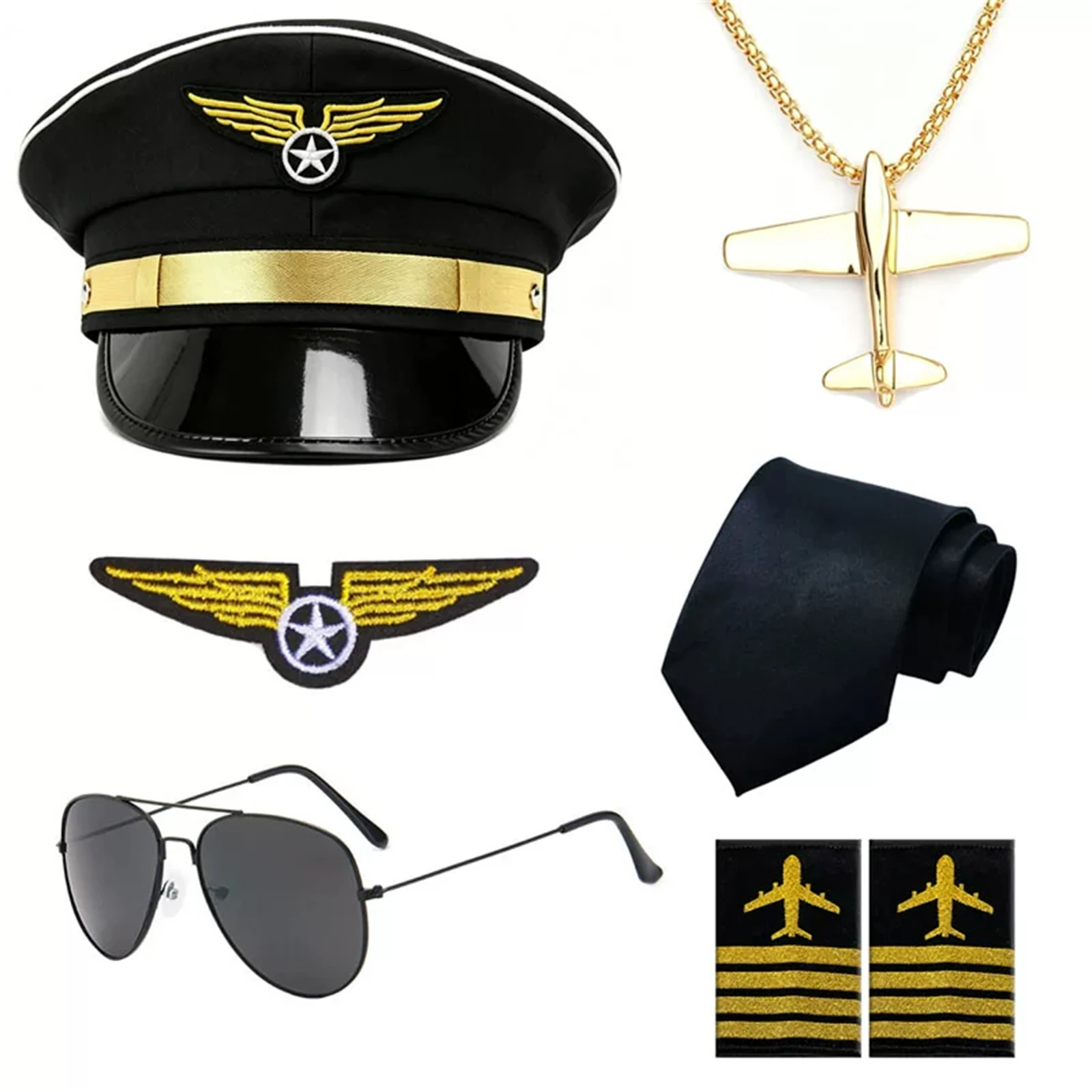 AwwwCos Pilot Captain Costume Accessory Set Pilot Hat Aviator Sunglasses Wing Patch Uniform Dress Up for Halloween Party Cosplay